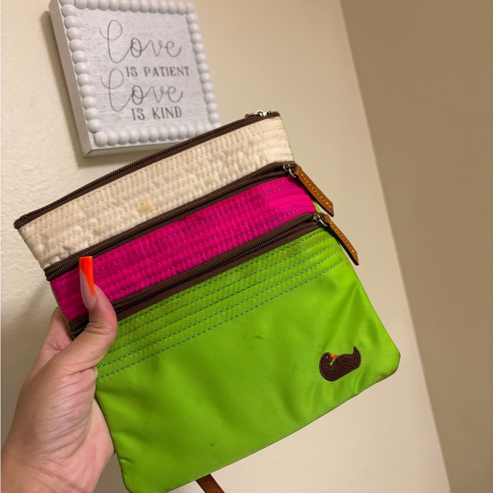 Dooney & Bourke Green Pink Cream Tri-Zip Wristlet